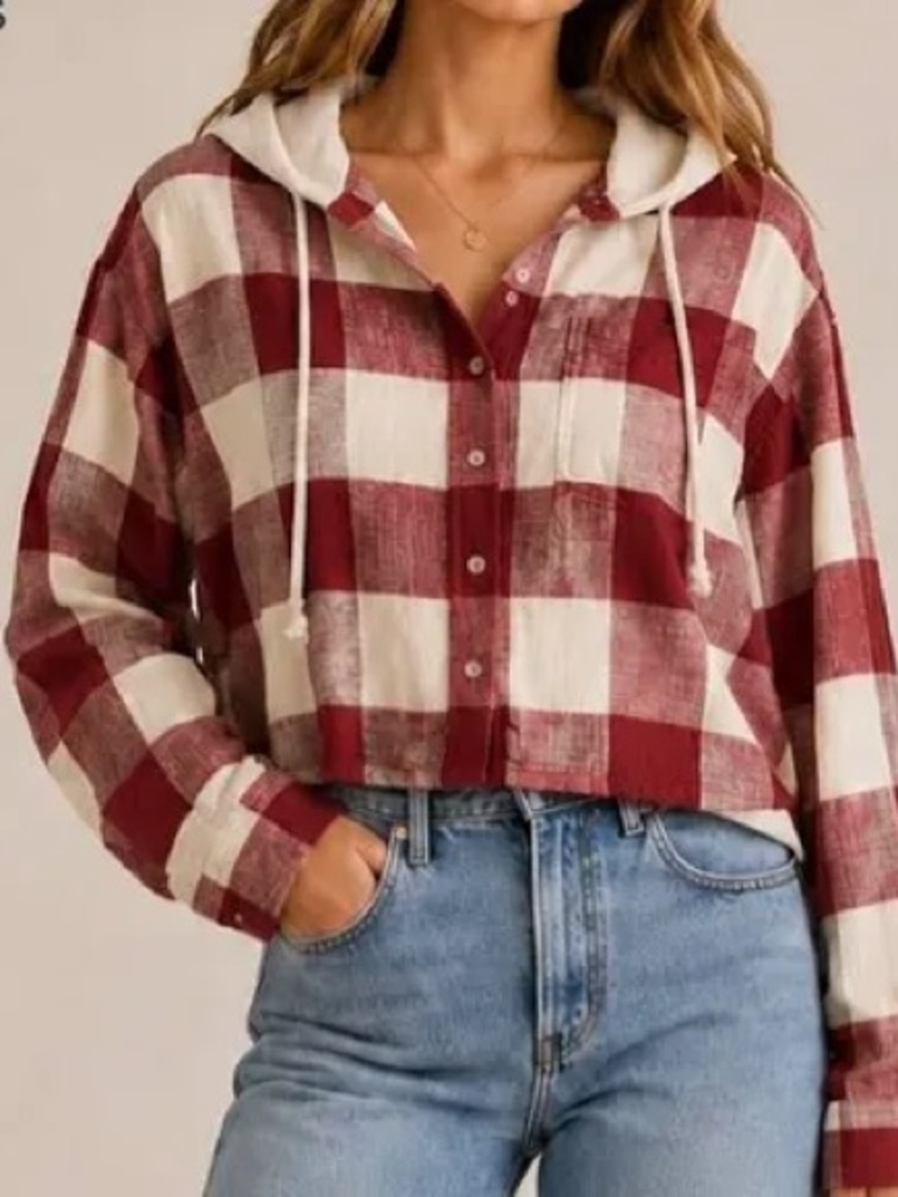 American Eagle Red and White Checkered Flannel with Hood
